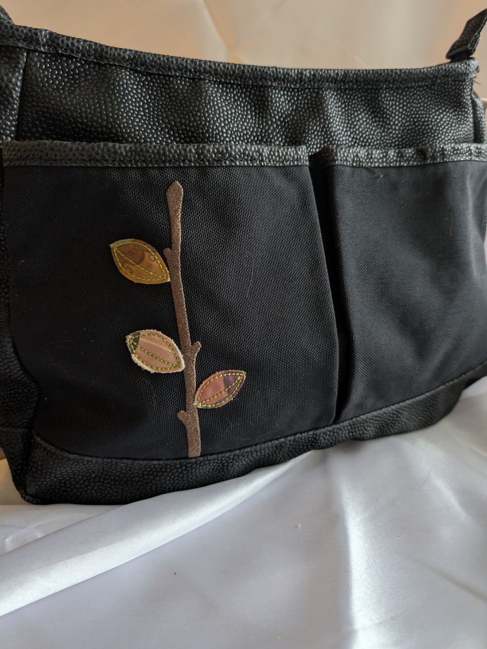 Woman's Haiku Black Adjustable Crossbody Bag Embroidery Pebbled Vegan Nylon